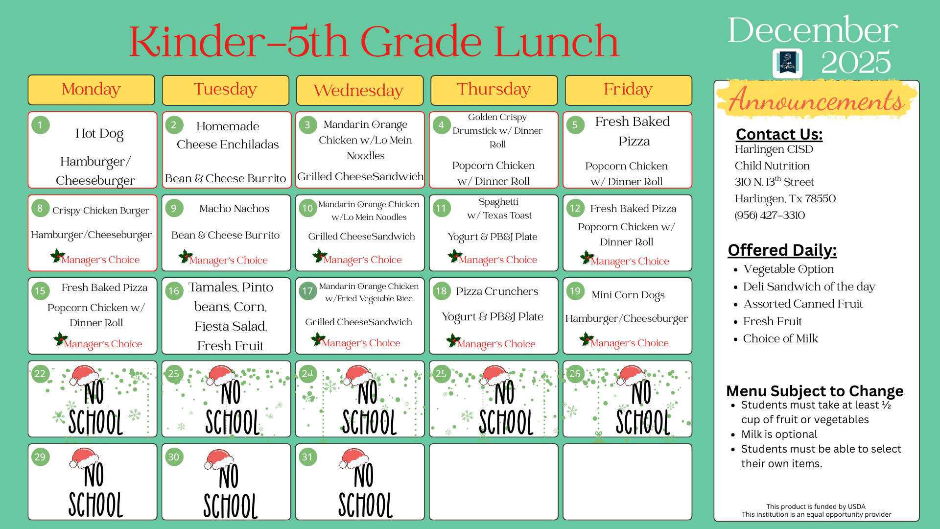 Kinder-5th Updated Menu 12/9/25